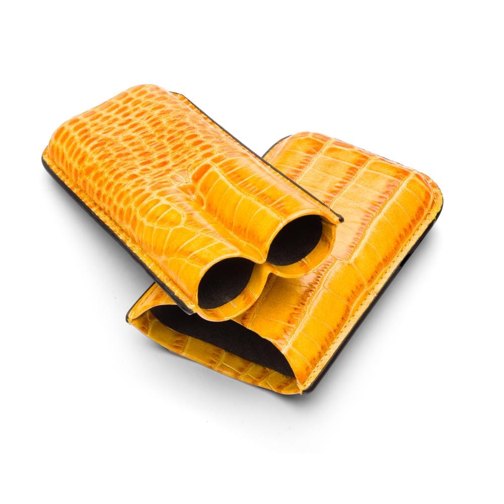 Double leather cigar case, yellow croc, inside