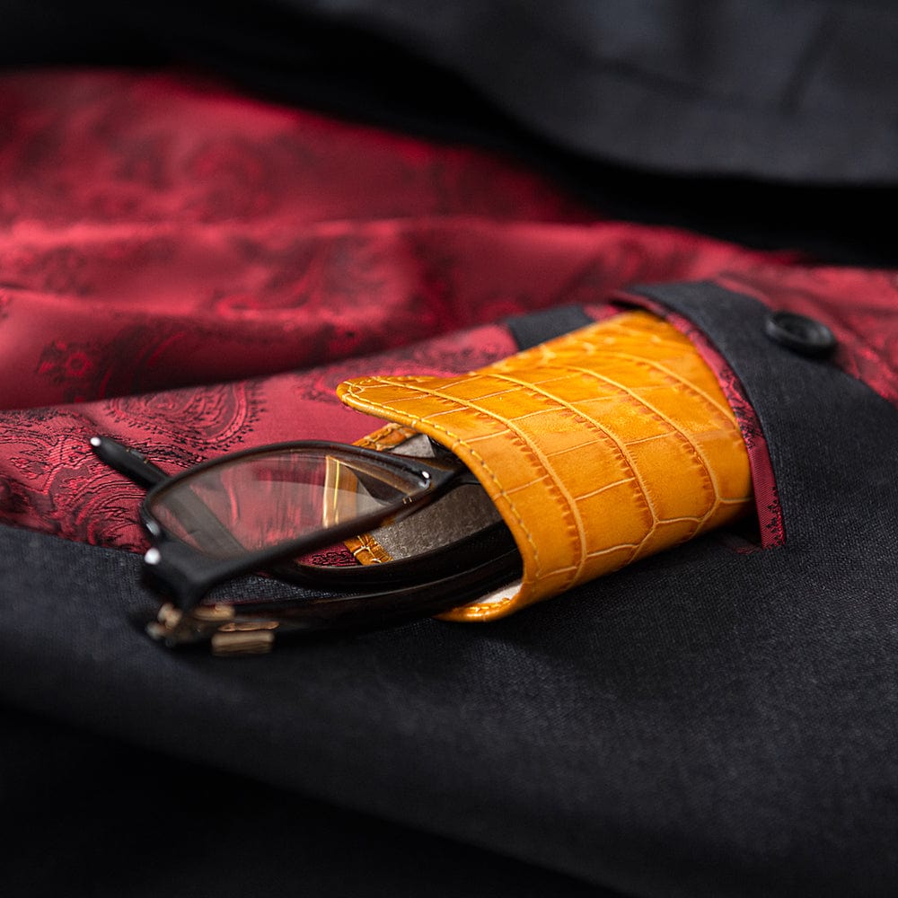 Large leather glasses case, yellow croc, lifestyle