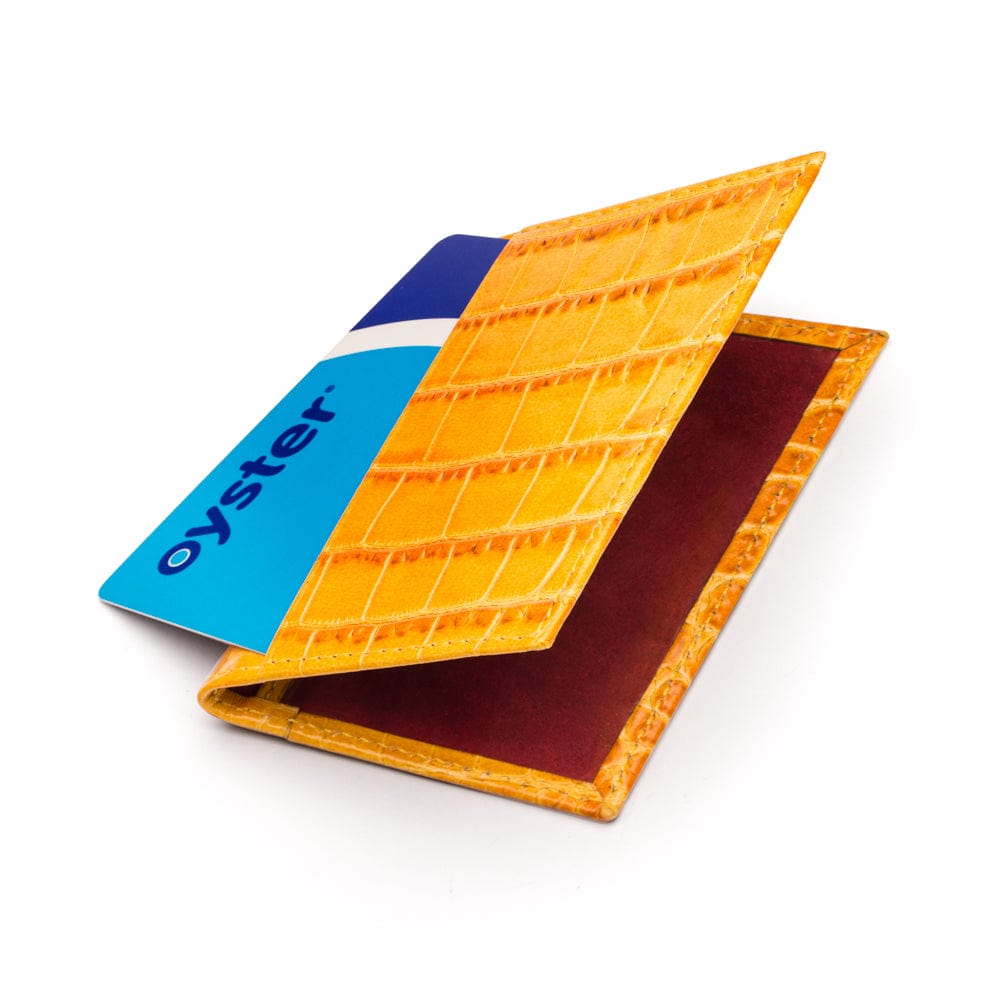 Leather travel card wallet, yellow croc with red, front