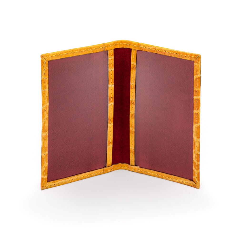 Leather travel card wallet, yellow croc with red, inside