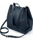 Leather tote bag, navy, wit long strap