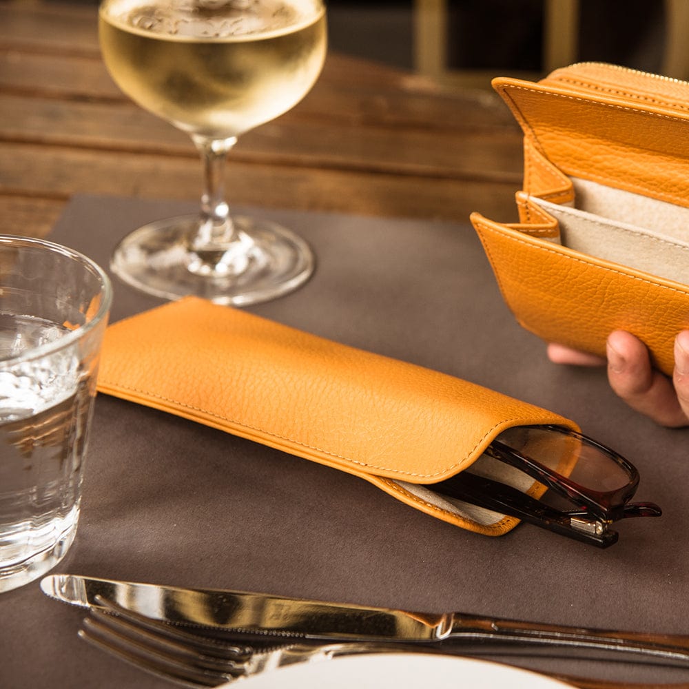 Large leather glasses case, yellow, lifestyle