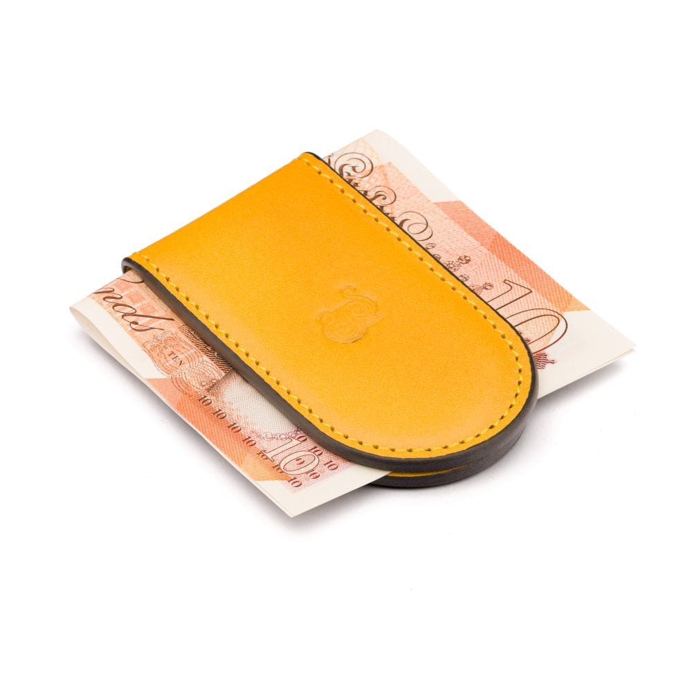 Leather Magnetic Money Clip, yellow, with cash