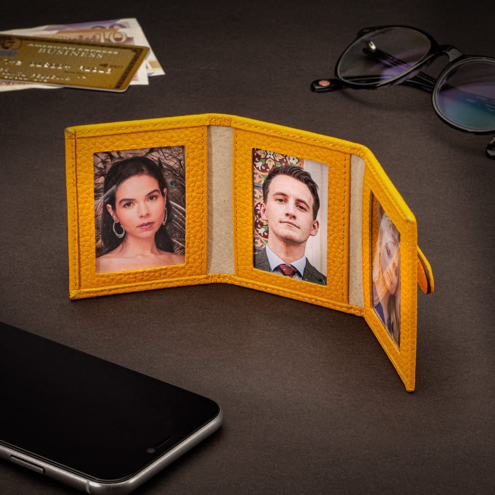 Mini leather trifold photo frame, yellow, 60 x 40mm, lifestyle