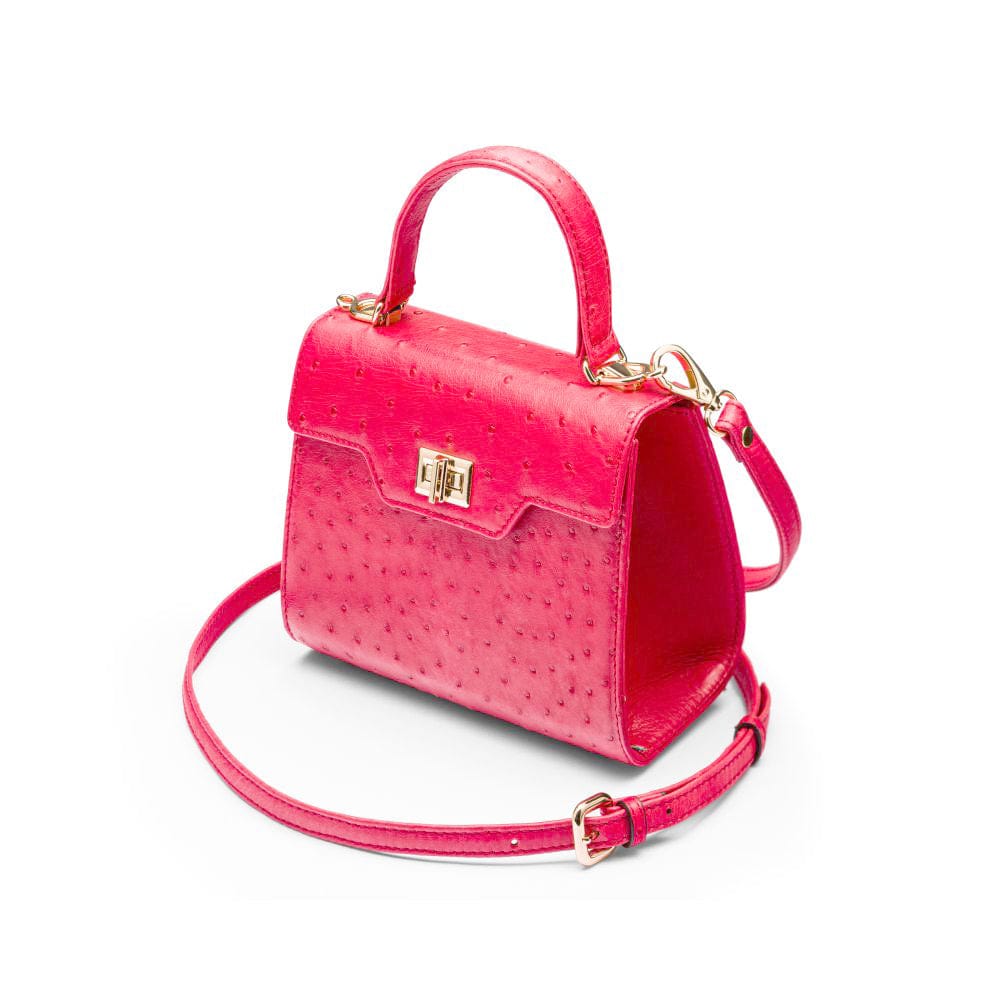 Mini ostrich leather Morgan Bag, top handle bag, pink, side view