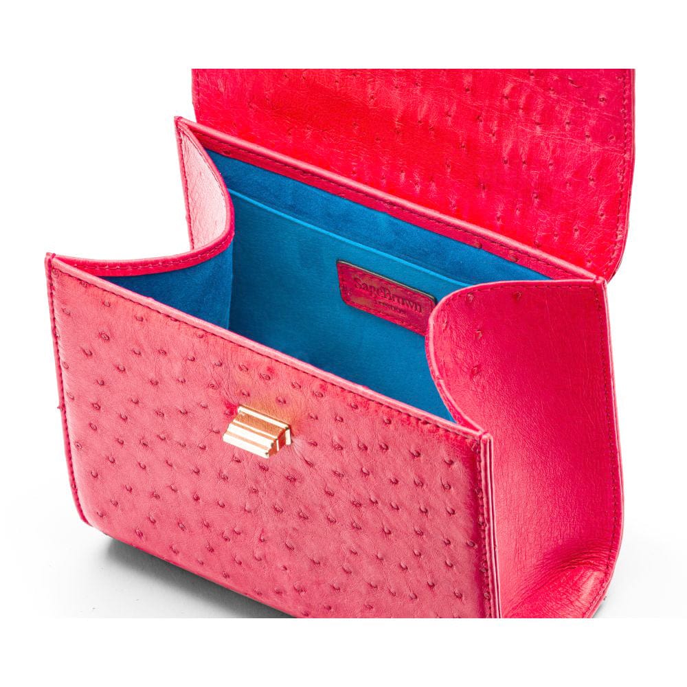 Mini ostrich leather Morgan Bag, top handle bag, pink, inside