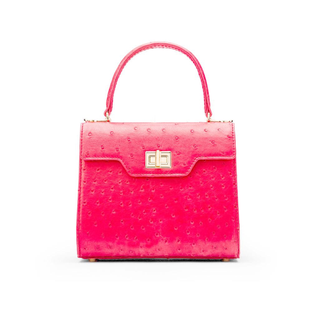 Mini ostrich leather Morgan Bag, top handle bag, pink, front