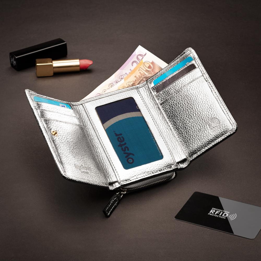 RFID Leather Tri-fold Coin Purse, Silver Purses SageBrown