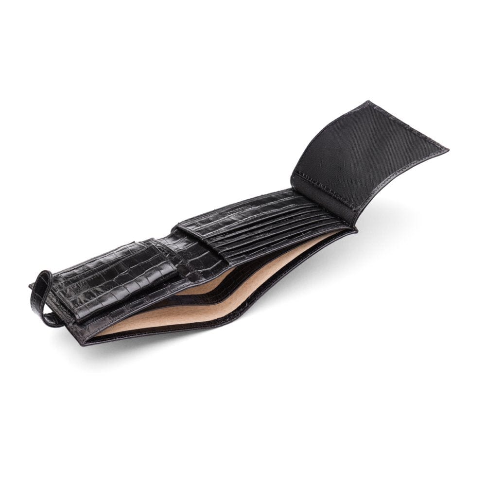 Leather wallet with coin purse, ID and tab closure, black croc, inside