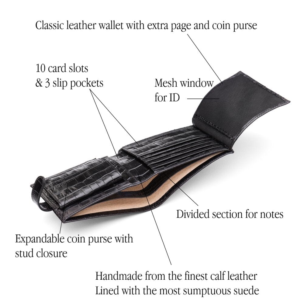 Leather wallet with coin purse, ID and tab closure, black croc, features