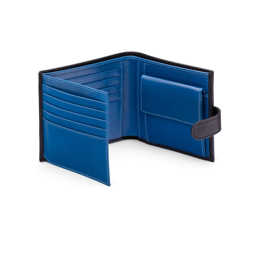 Leather wallet with coin purse, ID and tab closure, black with cobalt, open