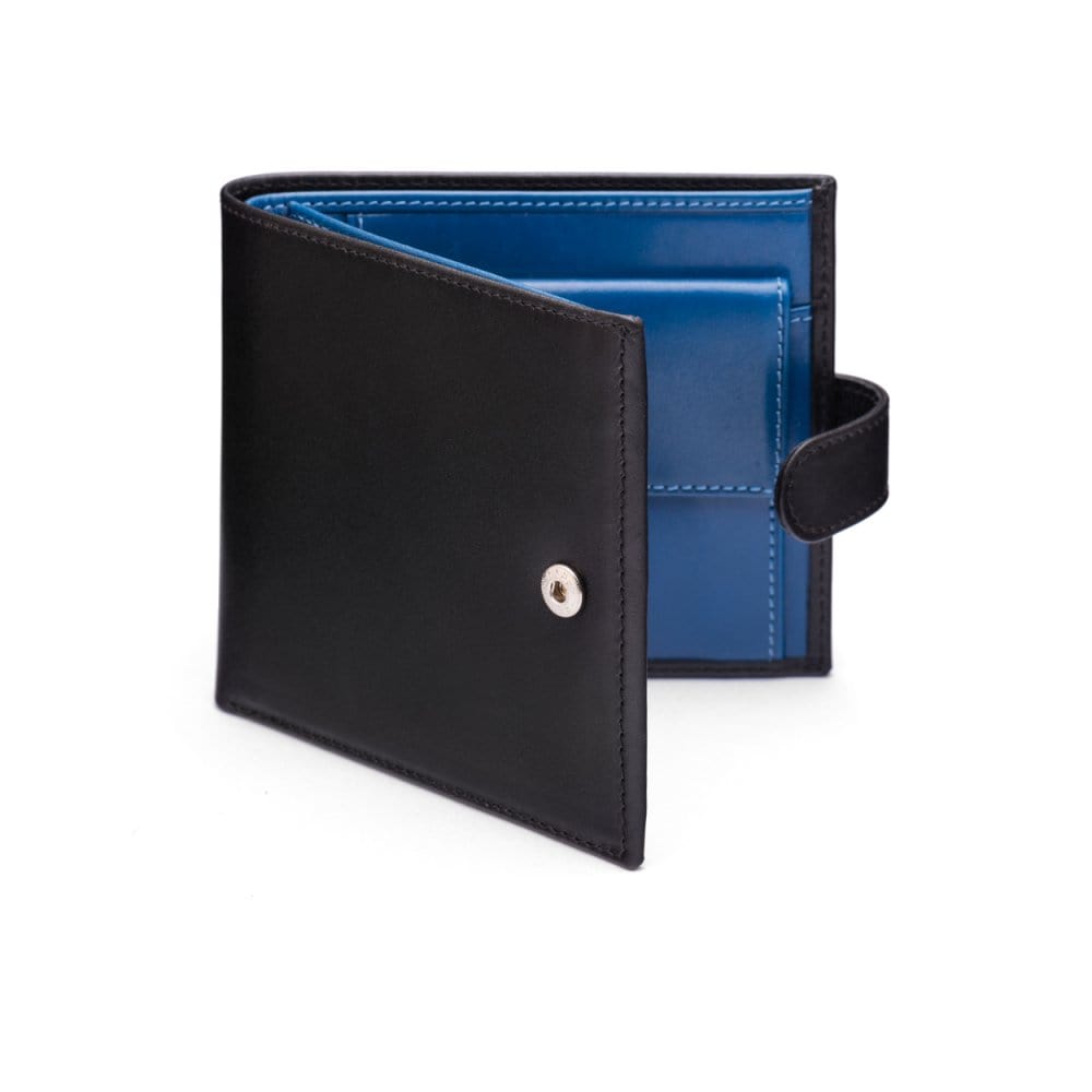Leather wallet with coin purse, ID and tab closure, black with cobalt, front