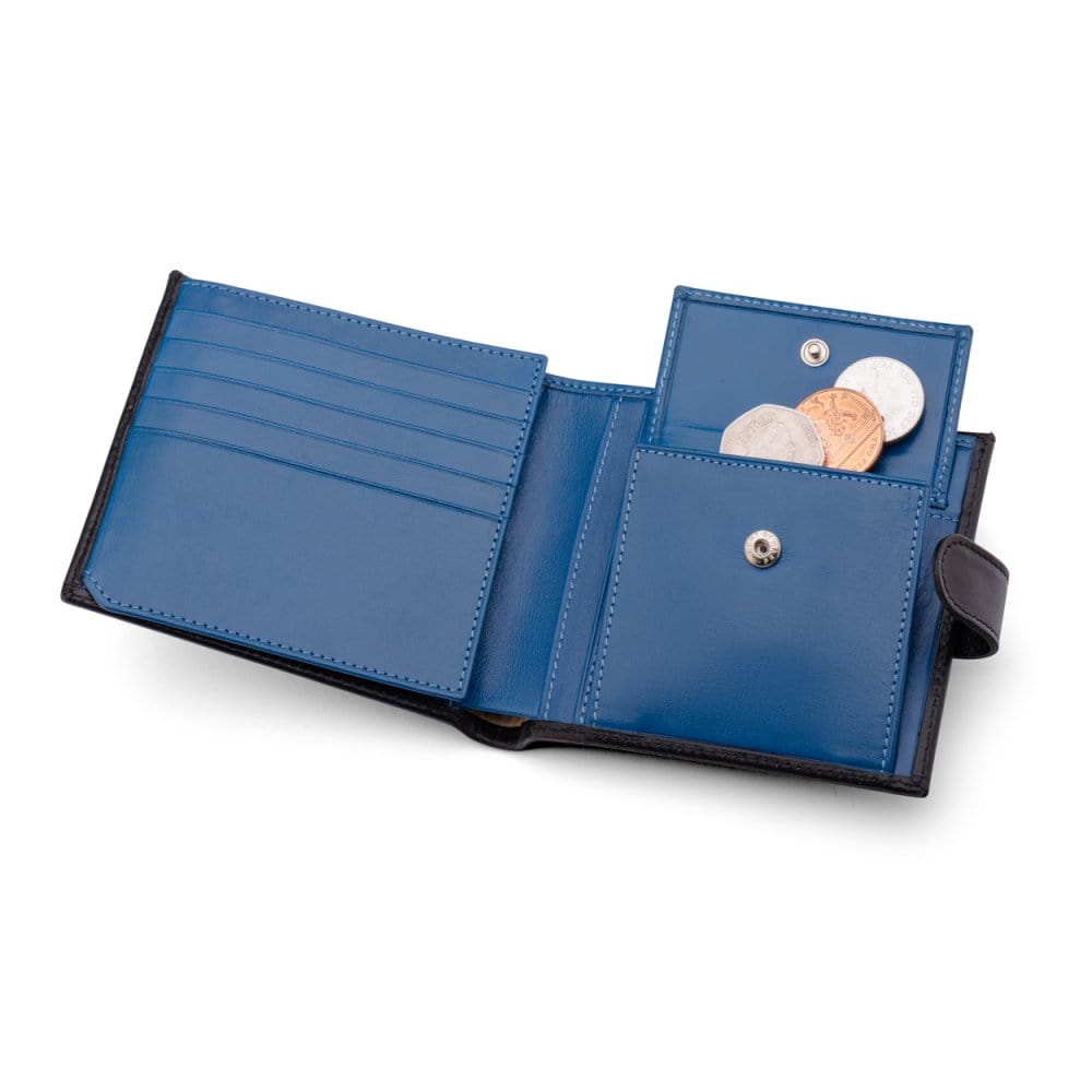 Leather wallet with coin purse, ID and tab closure, black with cobalt, coin purse open
