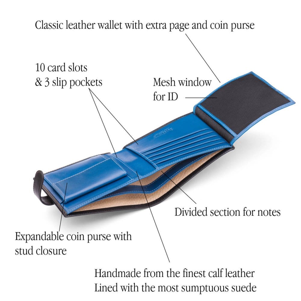 Leather wallet with coin purse, ID and tab closure, black with cobalt, features