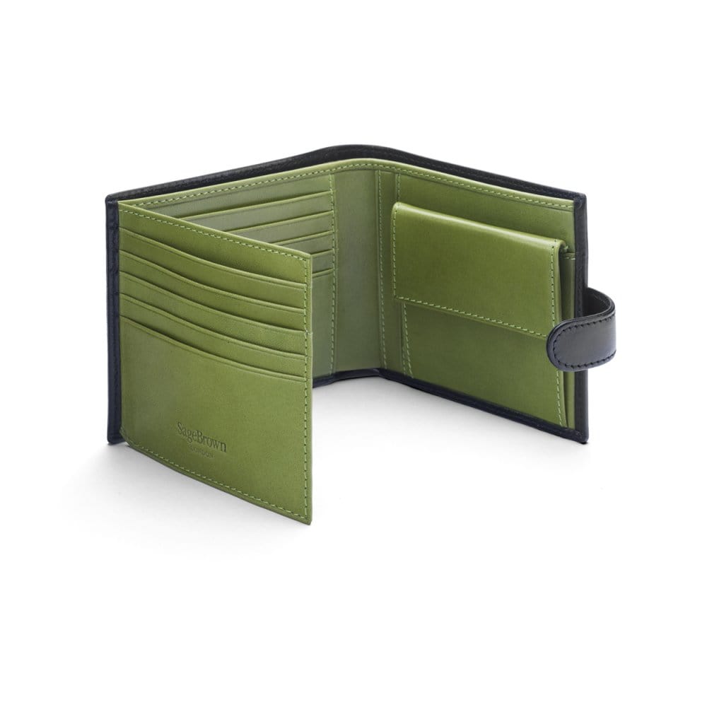 Leather wallet with coin purse, ID and tab closure, black with  lime, open