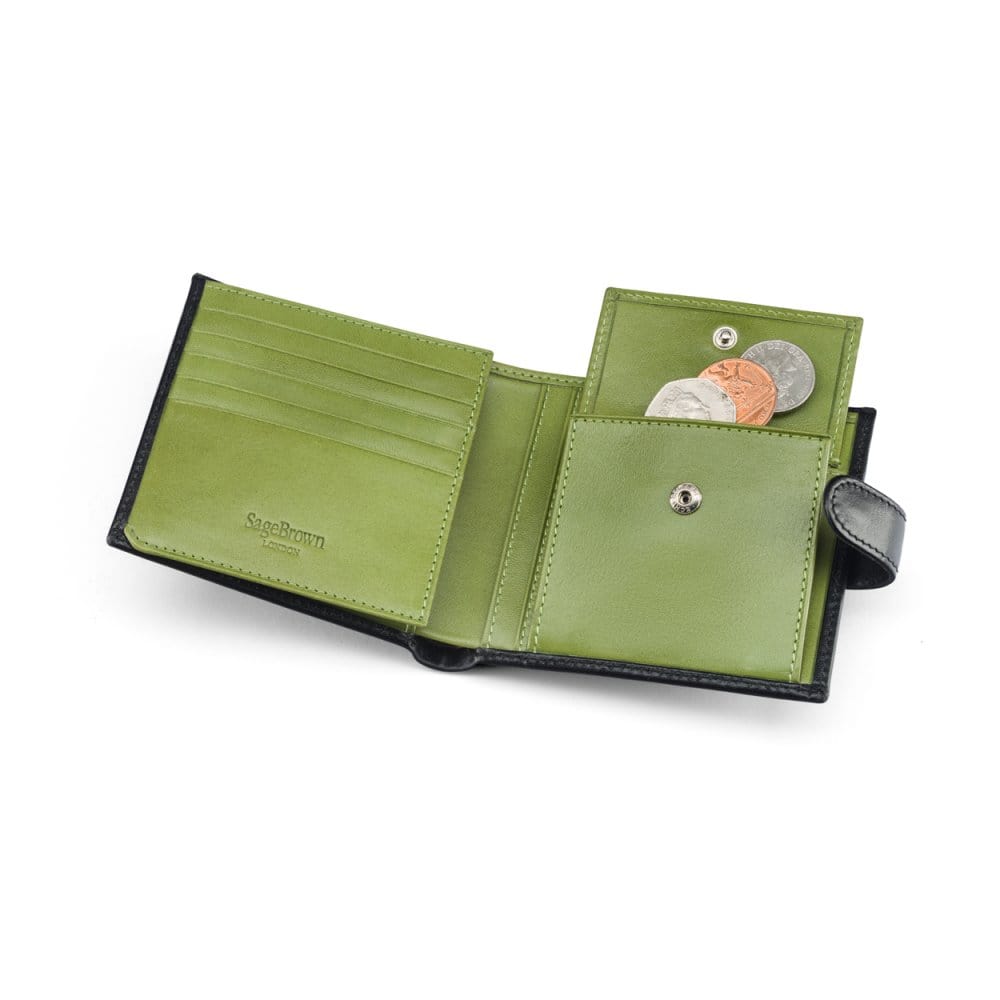 Leather wallet with coin purse, ID and tab closure, black with  lime, coin purse open