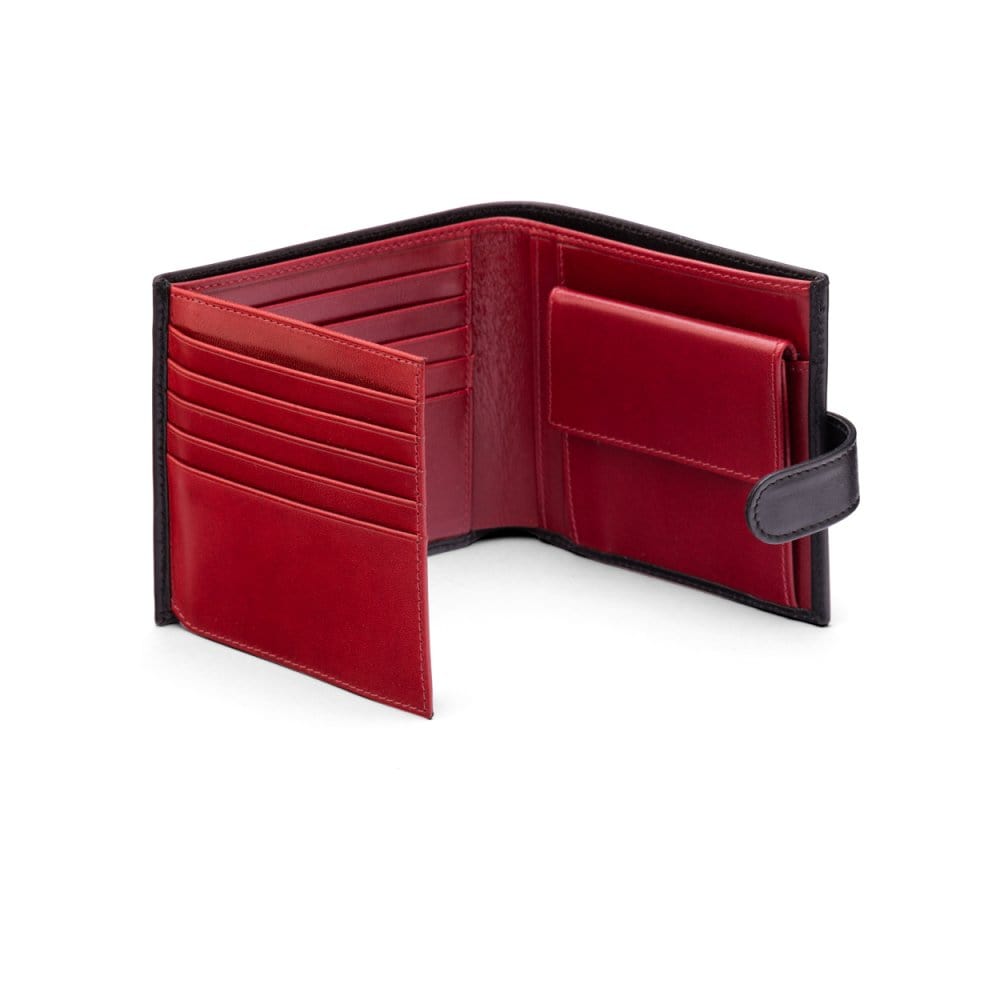 Leather wallet with coin purse, ID and tab closure, black with  red, open
