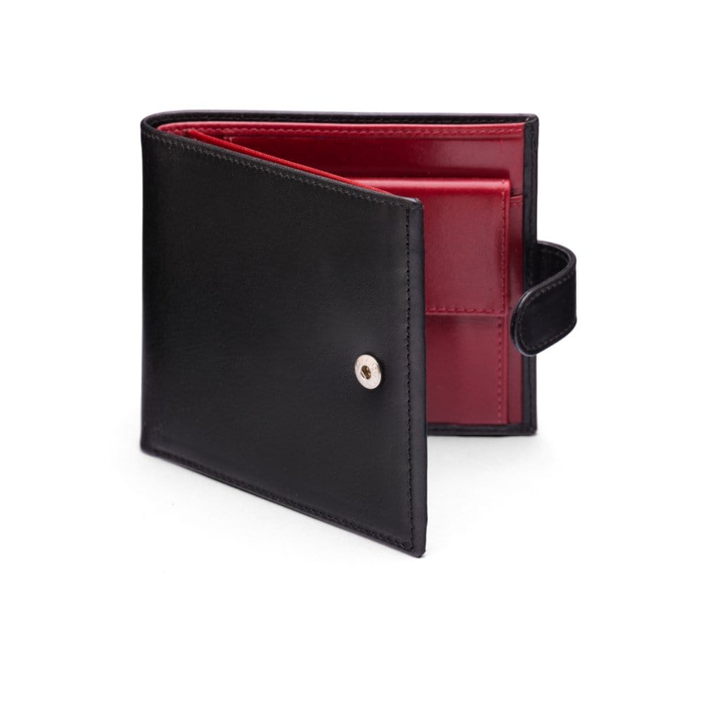 Leather wallet with coin purse, ID and tab closure, black with  red, front