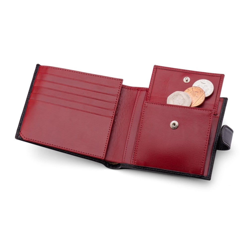 Leather wallet with coin purse, ID and tab closure, black with  red. coin purse open