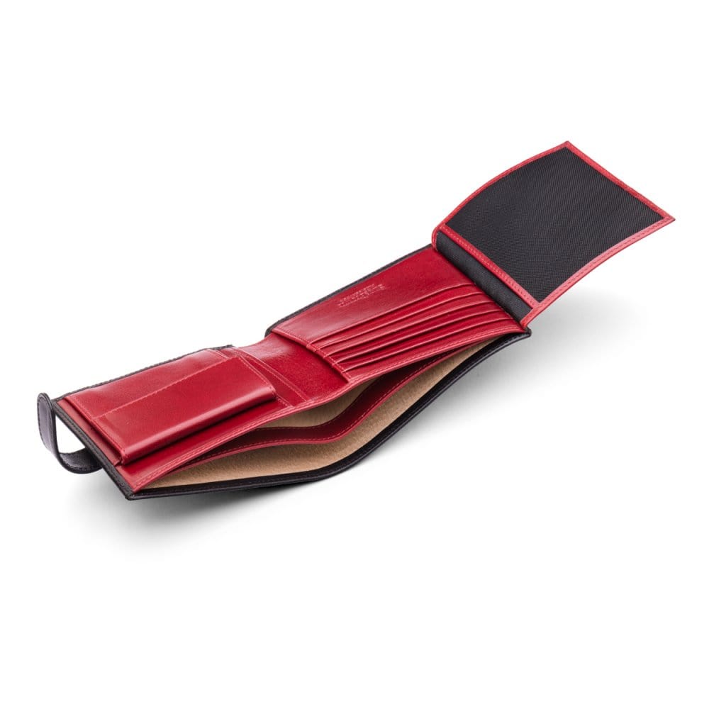 Leather wallet with coin purse, ID and tab closure, black with  red, inside