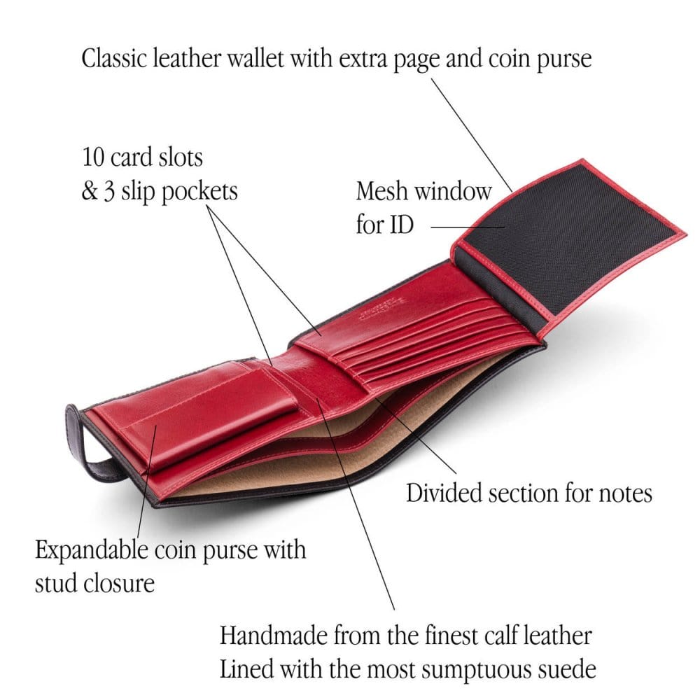Leather wallet with coin purse, ID and tab closure, black with  red, features