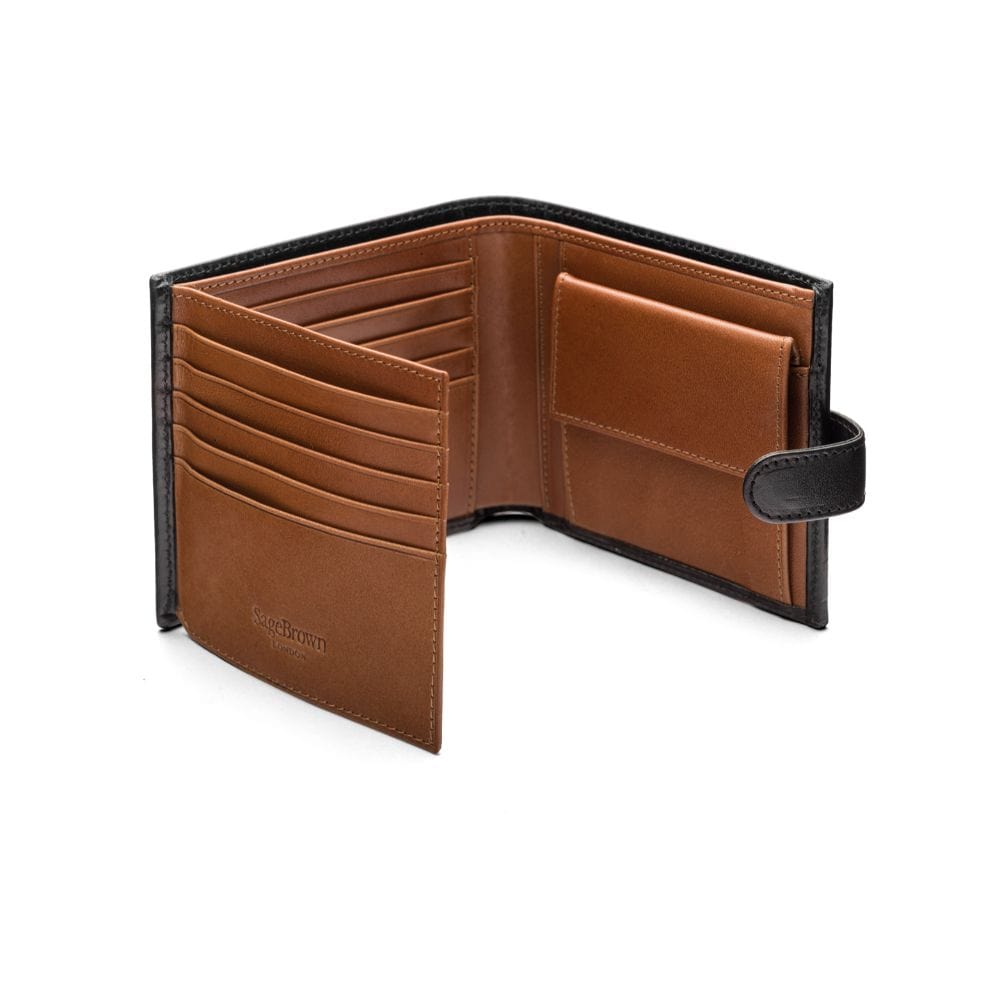 Leather wallet with coin purse, ID and tab closure, black with tan, open