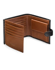 Leather wallet with coin purse, ID and tab closure, black with tan, open