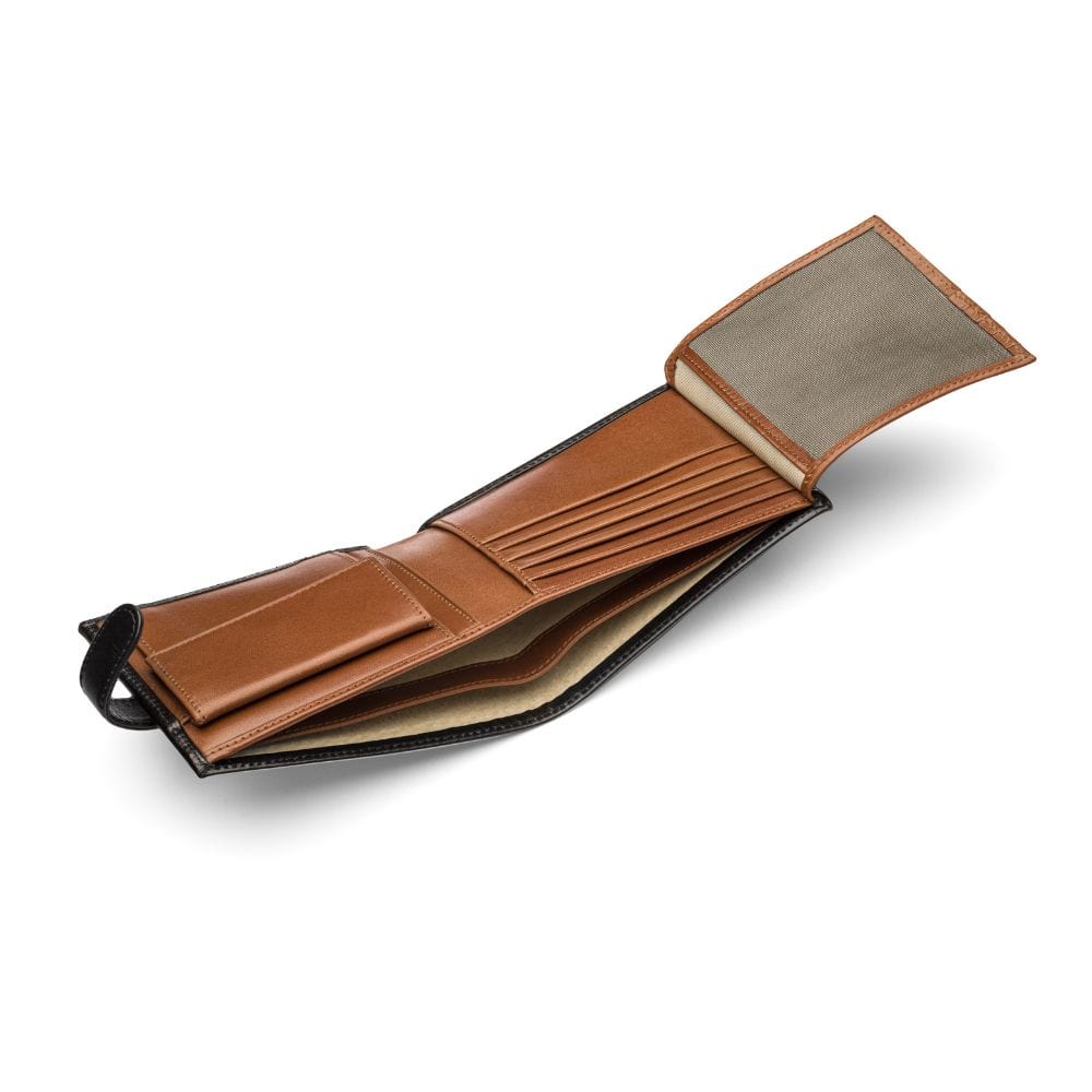 Leather wallet with coin purse, ID and tab closure, black with tan, inside