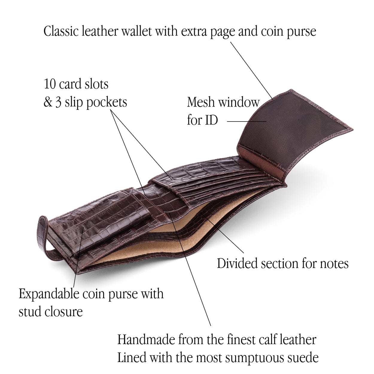Leather wallet with coin purse, ID and tab closure, brown croc, features
