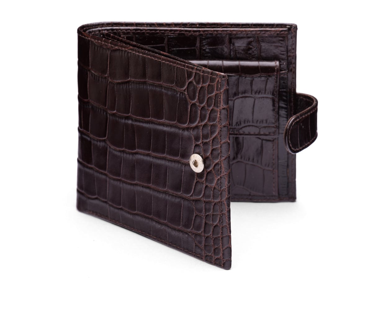 Leather wallet with coin purse, ID and tab closure, brown croc, front