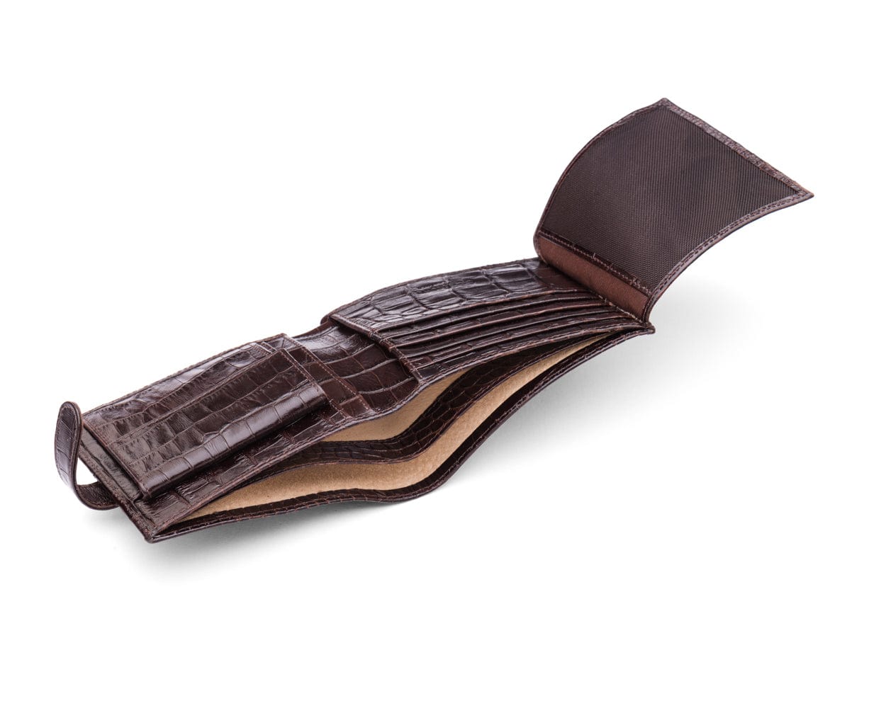 Leather wallet with coin purse, ID and tab closure, brown croc, inside