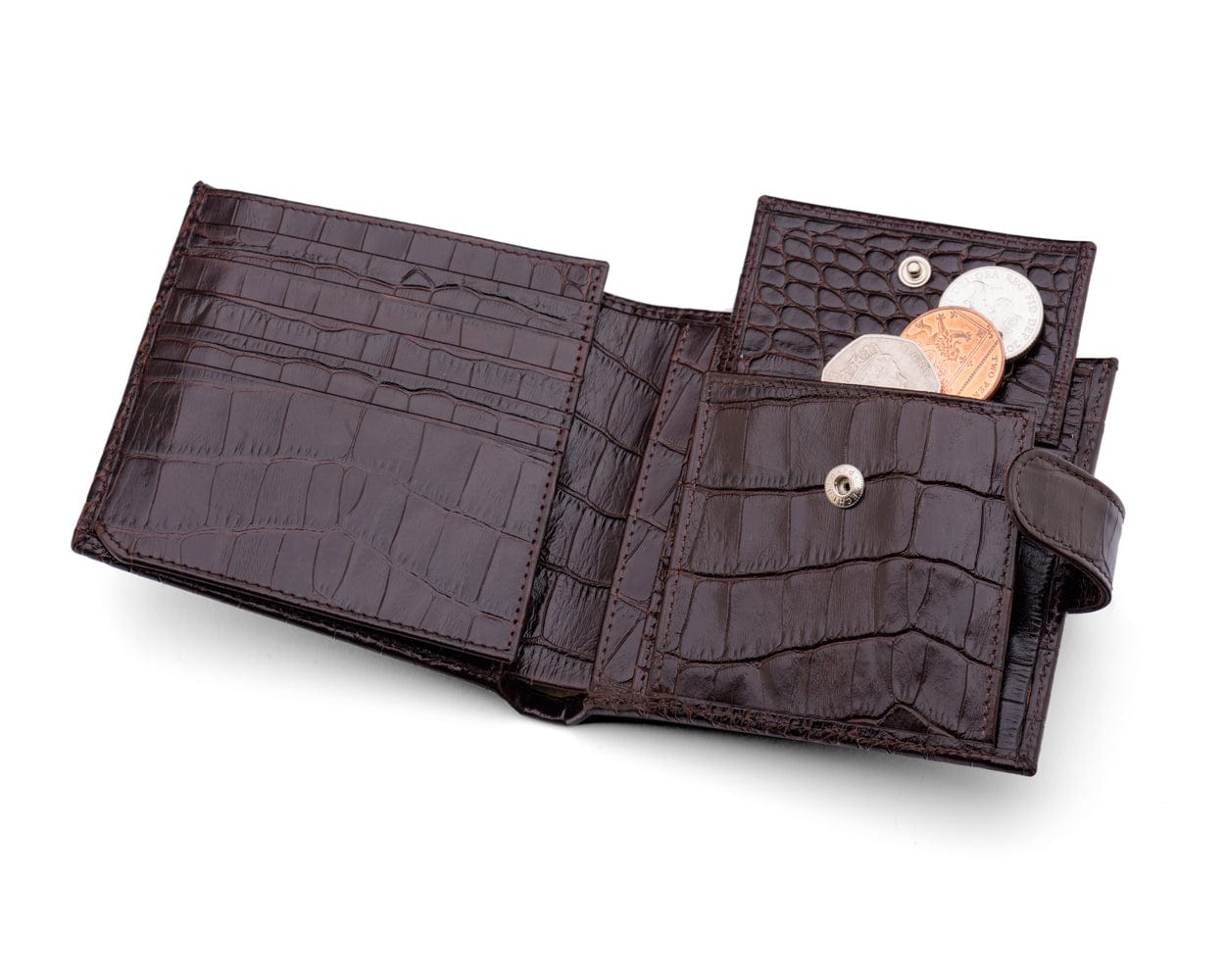 Leather wallet with coin purse, ID and tab closure, brown croc, coin purse open