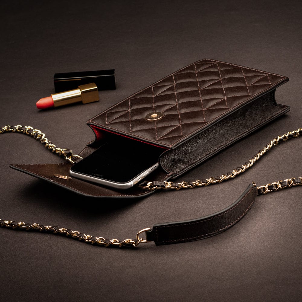 Leather phone bag, brown, lifestyle