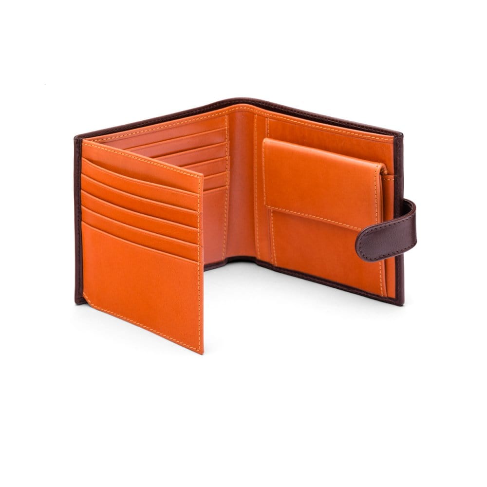 Leather wallet with coin purse, ID and tab closure, brown with orange, open