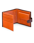 Leather wallet with coin purse, ID and tab closure, brown with orange, open