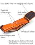 Leather wallet with coin purse, ID and tab closure, brown with orange, features