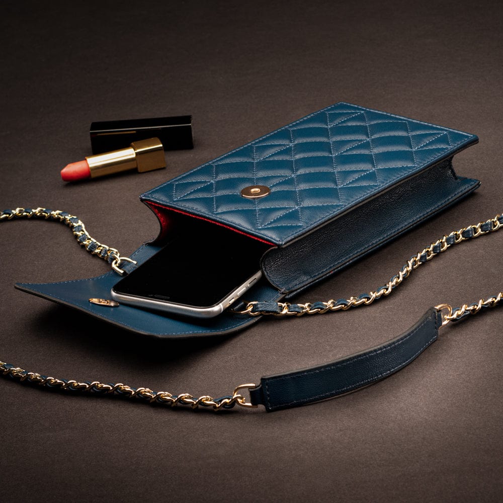 Leather phone bag, navy, lifestyle