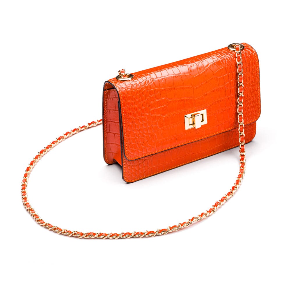 Mini Leather Chain Strap Bag, Orange Croc Shoulder Bags SageBrown