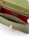 Small leather envelope chain bag, sage green, inside view