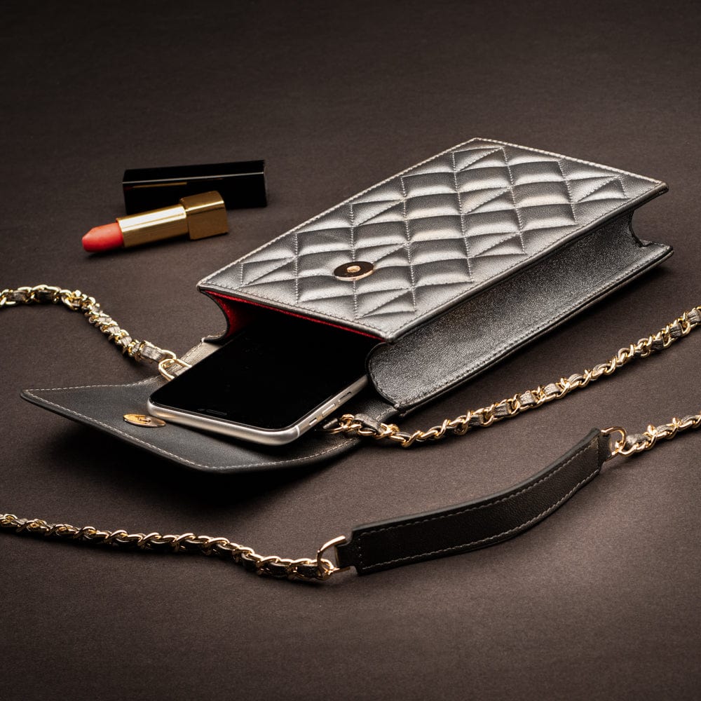 Leather phone bag, silver, lifestyle