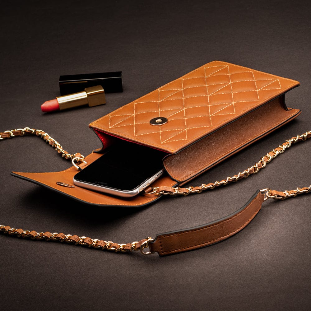 Leather phone bag, tan, lifestyle