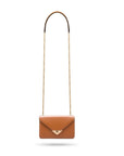 Small envelope shoulder bag, tan, with long chain strap