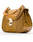 Bamboo handle bag, antique green croc, side view