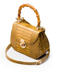 Bamboo handle bag, antique green croc, with long shoulder strap