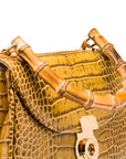 Bamboo handle bag, antique green croc, bamboo handle view