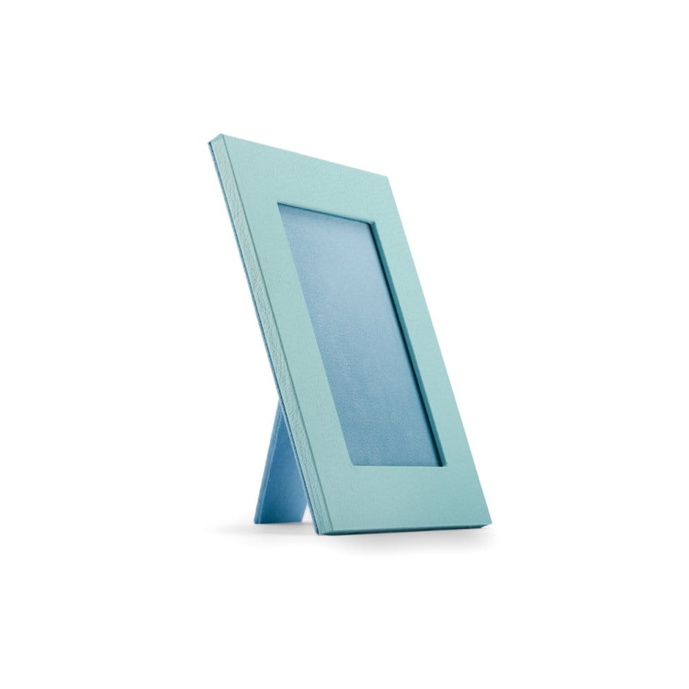 Leather photo frame, baby blue 8x6", side
