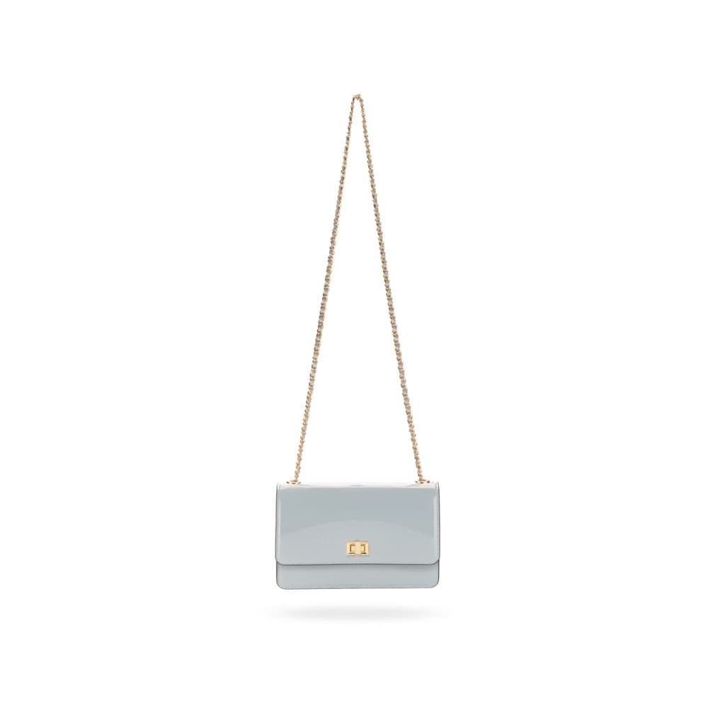Leather chain bag, baby blue patent, chain strap