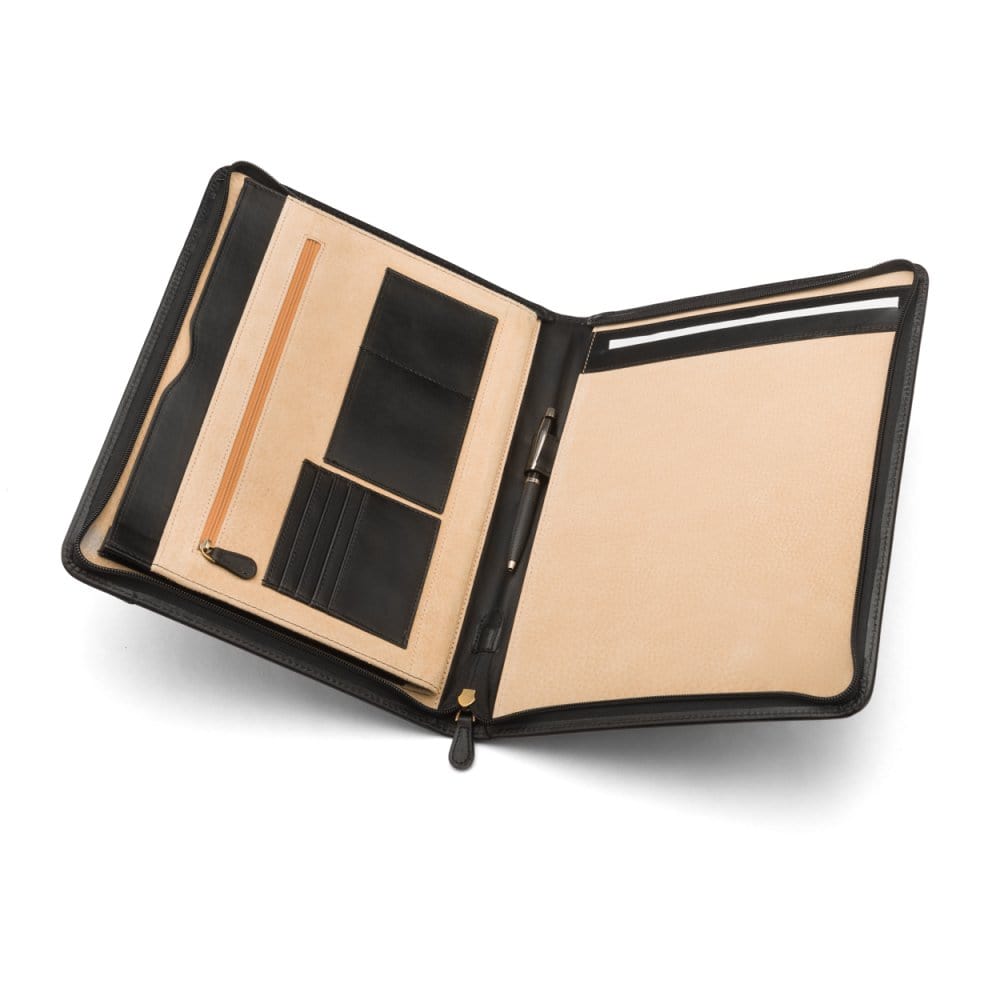 A4 leather notepad folder, black, inside