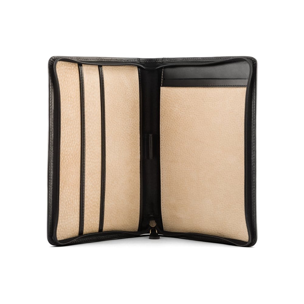 A5 zip around leather folder, black, open