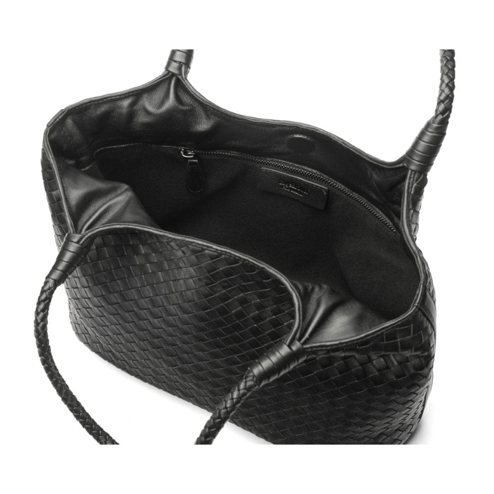 Woven leather shoulder bag, black, open